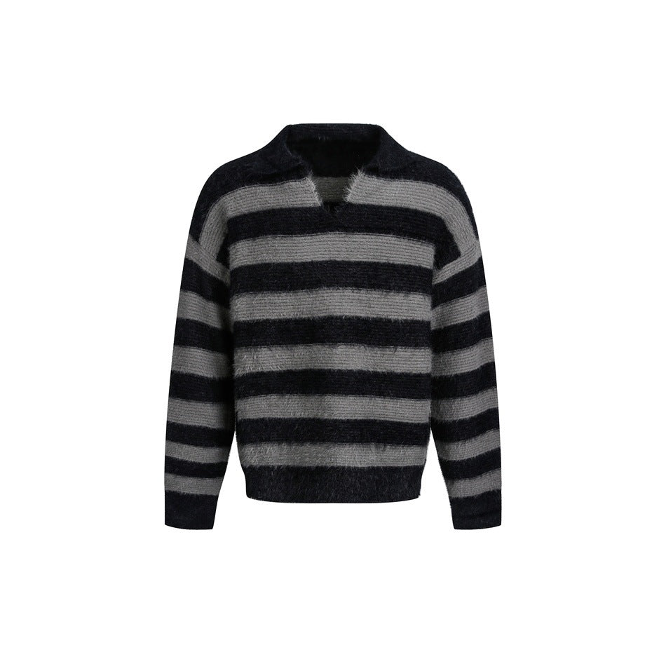 Black and gray striped fuzzy knit sweater with V-neck collar, front view on white background