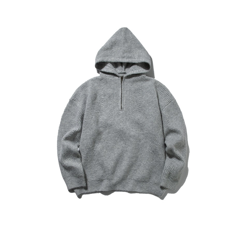 Gray ribbed knit hooded half-zip sweater, flat lay front view on white background