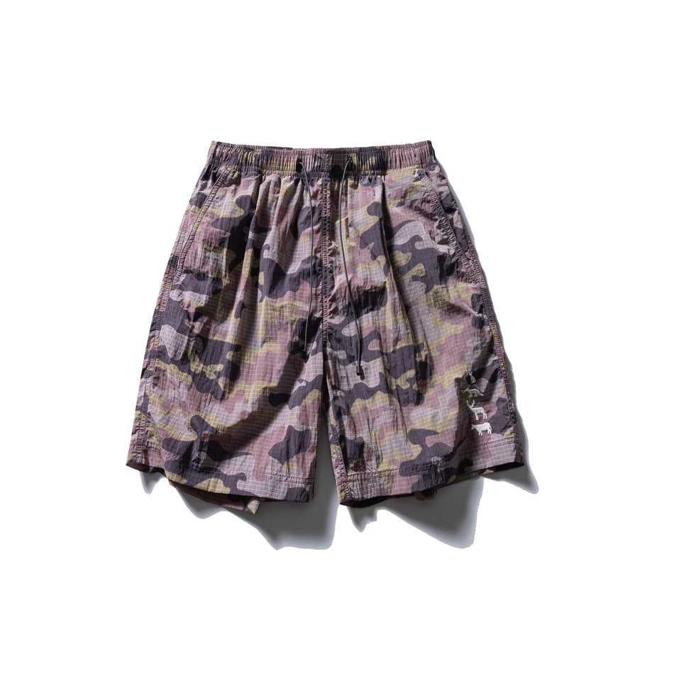 Pink-purple and gray camouflage shorts with drawstring elastic waist and small animal motif, flat front view