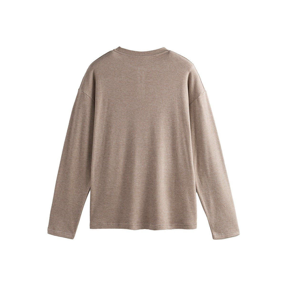 Back view of a plain taupe long-sleeve shirt with a relaxed fit.