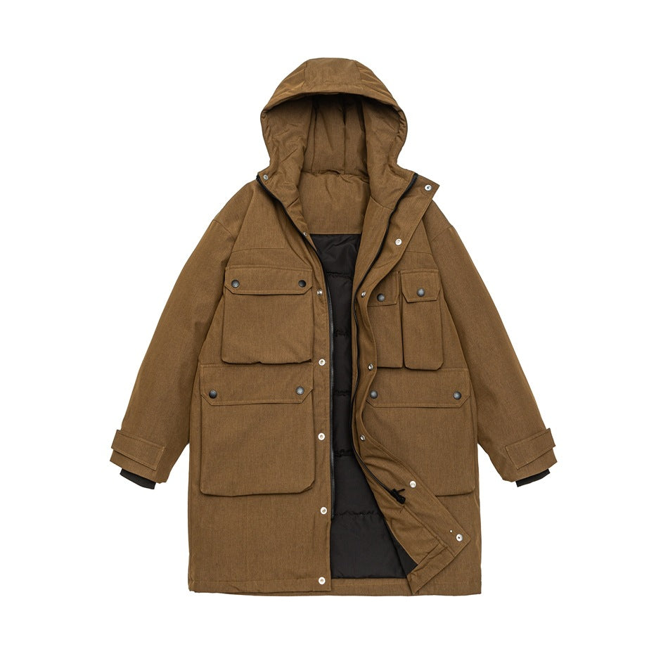 Brown hooded parka shown flat from the front, open to reveal dark lining and multiple flap pockets.