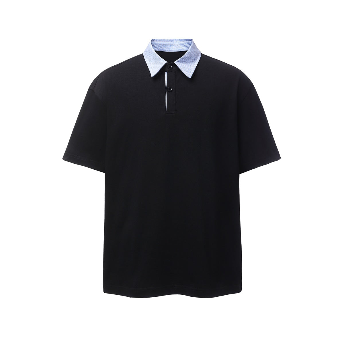 Black short-sleeve polo top with light blue fine-check collar and two-button placket, flat front view