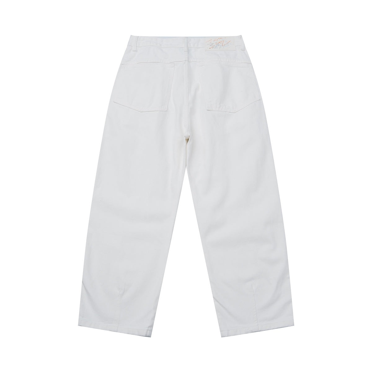 Back view of white trousers with two rear pockets and a small stitched waistband patch.