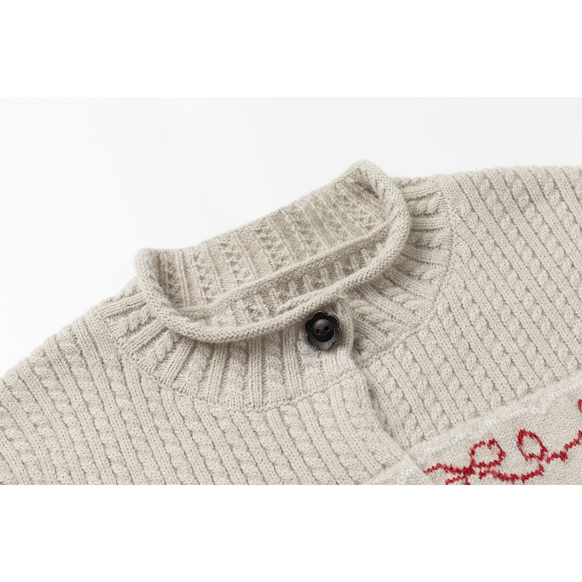 Close-up of a cream knitted cardigan collar with ribbed texture and a dark flower-shaped button.