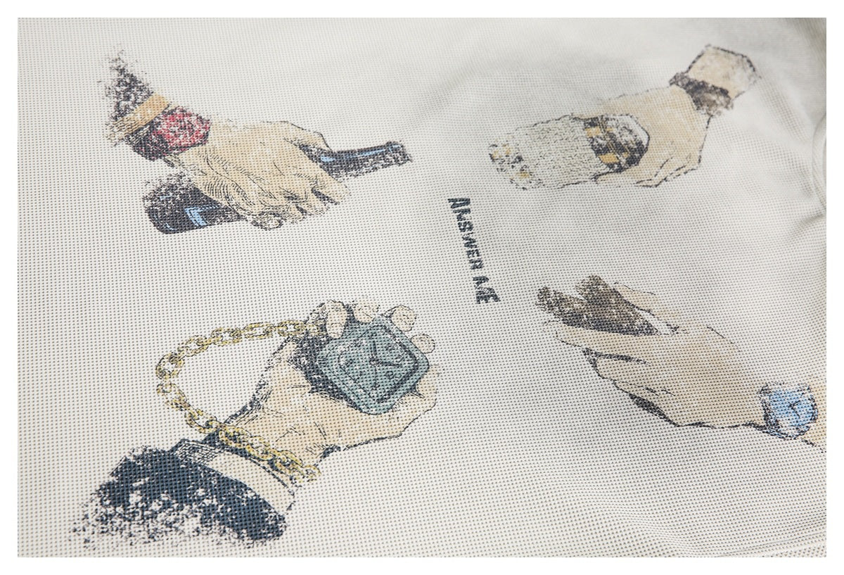 Cream textured knit fabric printed with illustrations of hands, watches, and accessories.