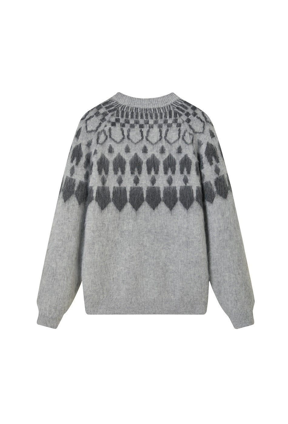 Back view of light gray knit sweater with dark gray Fair Isle-style yoke pattern, ribbed neckline, cuffs and hem