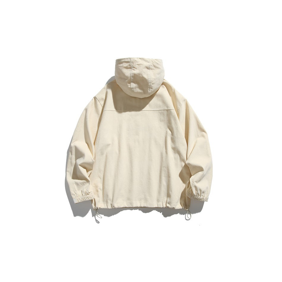 Back view of a cream hooded pullover jacket with elastic cuffs and adjustable hem cords.