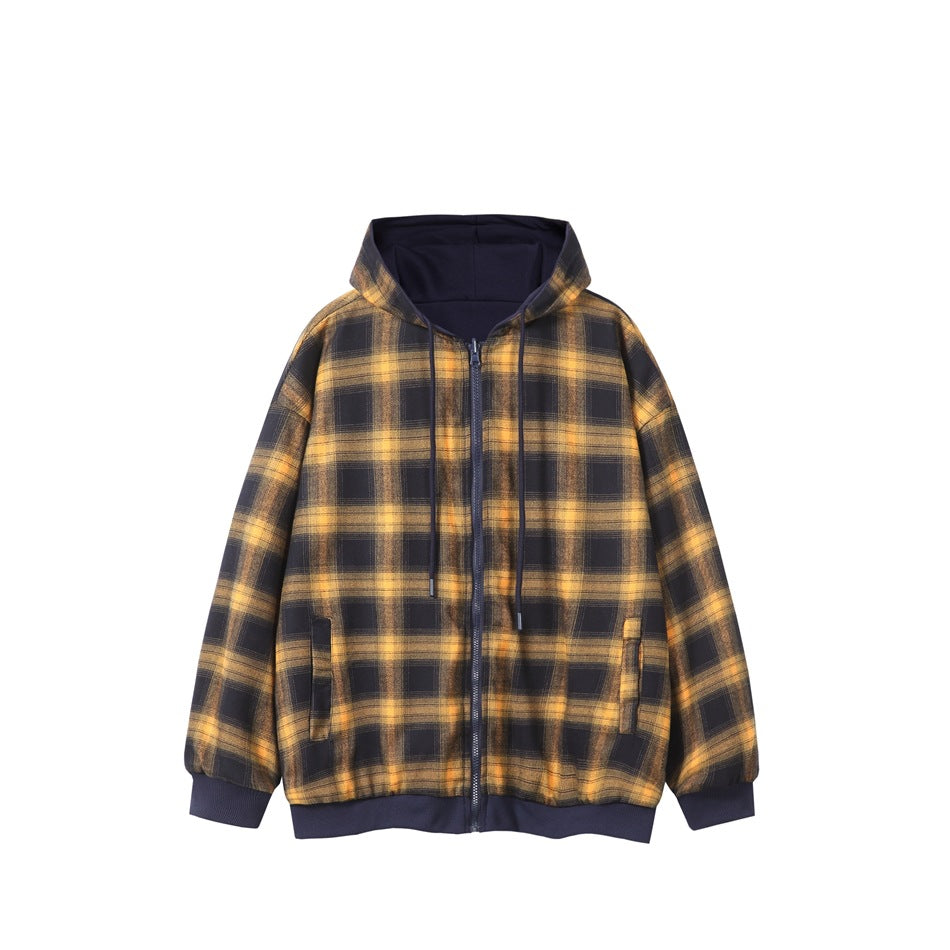 Front view of a yellow-and-navy plaid zip hoodie with drawstrings, two pockets, and ribbed cuffs and hem.