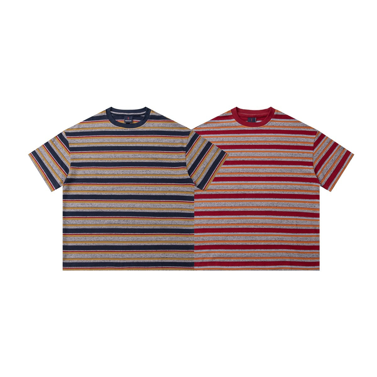 Two short-sleeve striped crew-neck T-shirts shown from the front: one navy, gray and mustard; one red, gray and orange.
