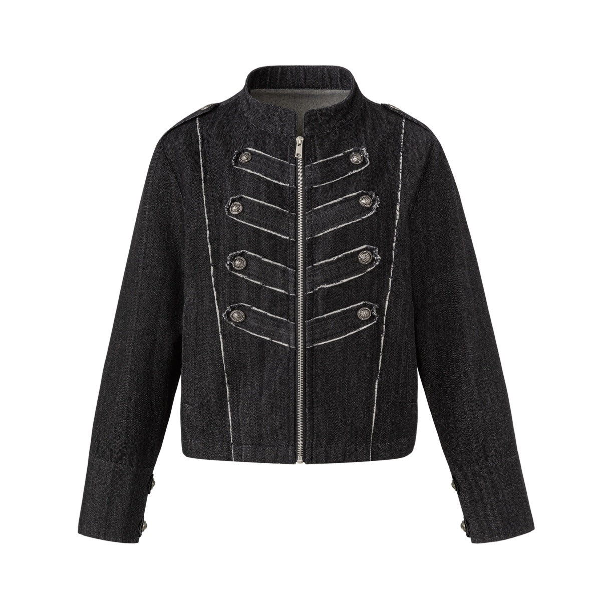 Washed black denim jacket with stand collar, silver zipper, frayed chest tabs, silver buttons and button cuffs, flat lay