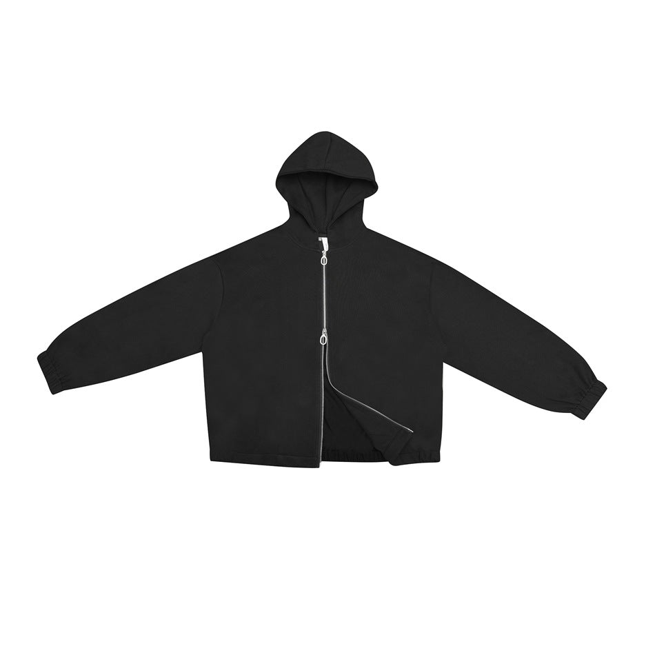 Black hooded zip-front jacket flat lay with ring zipper pulls, elastic cuffs and hem