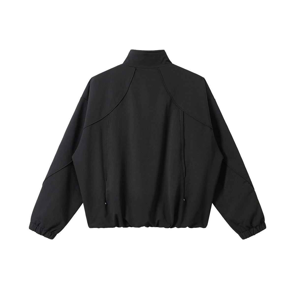 Back view of a black jacket with a stand collar, curved panel seams, and gathered cuffs and hem.