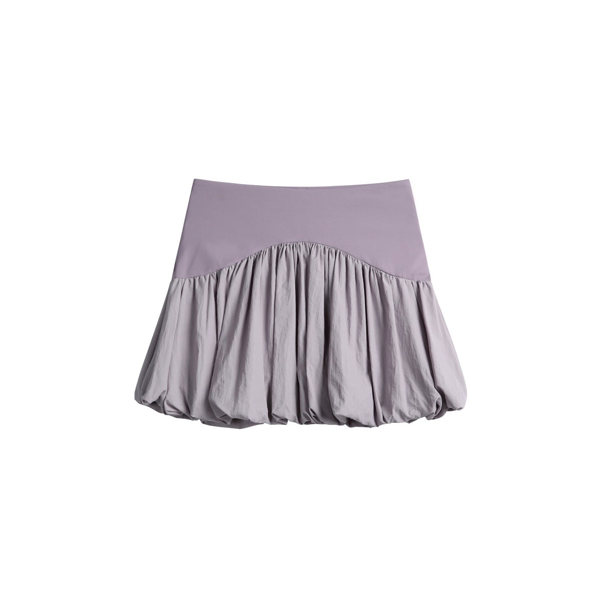 Purple pink high-waist mini skort with a gathered puffed bubble hem, flat front view