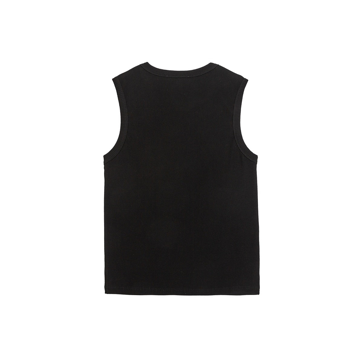 Back view of a plain black ribbed sleeveless top laid flat on a white background.