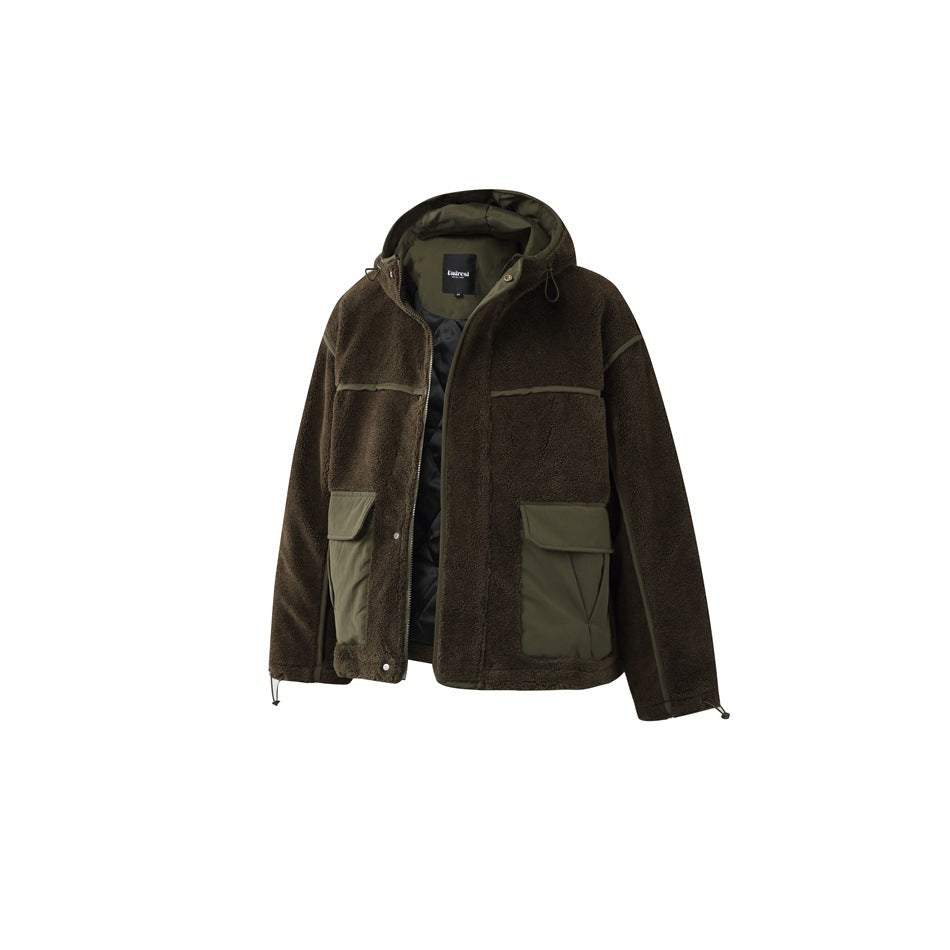 Army green hooded jacket unzipped to show black quilted lining, flap pockets and drawcord cuffs
