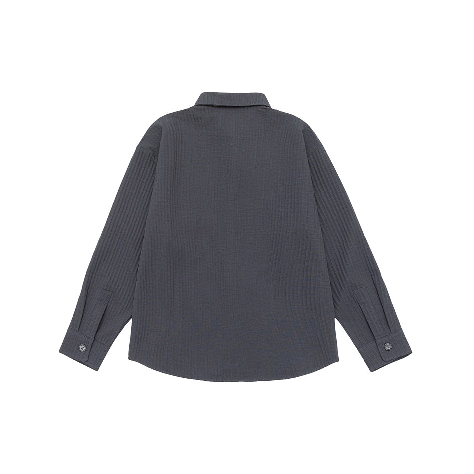 Back view of a charcoal long-sleeve button-up shirt with a pointed collar and buttoned cuffs.