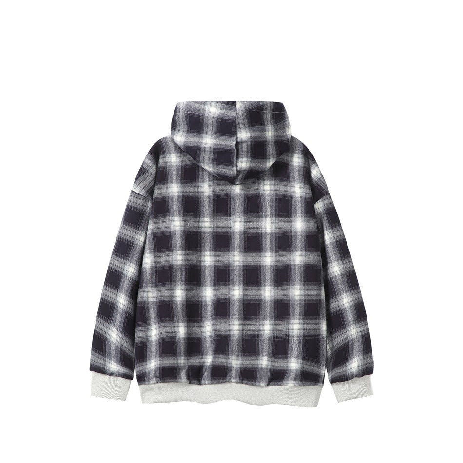 Back view of a black and gray plaid hoodie with a hood and light gray ribbed cuffs and hem.