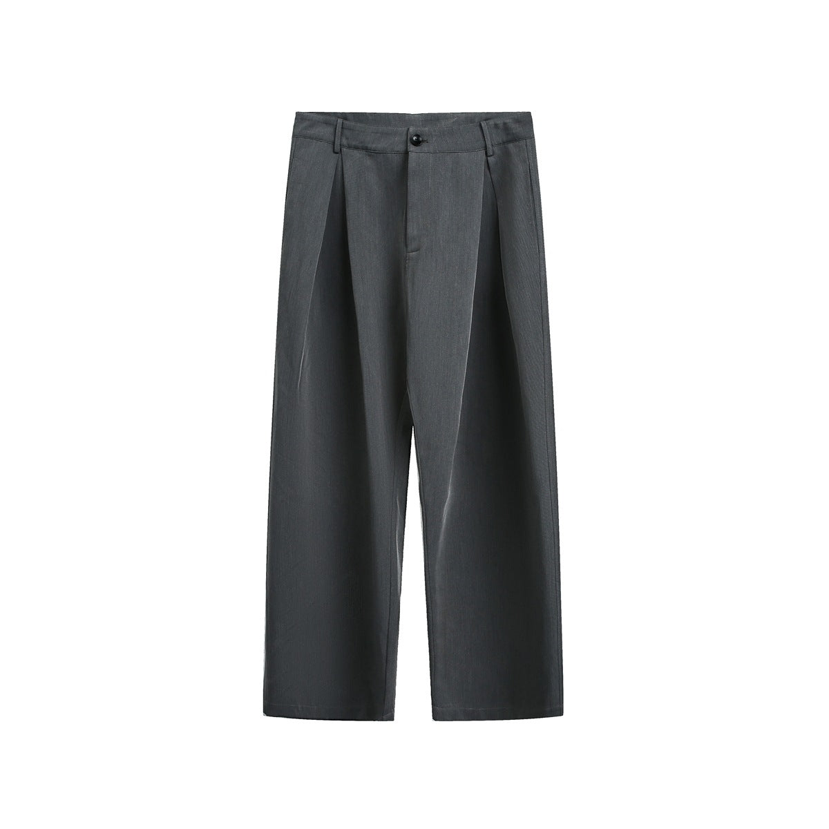Gray pleated wide-leg trousers, flat front view with button waistband and belt loops