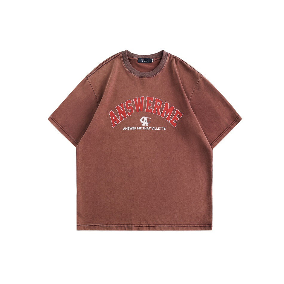 Washed brick red-brown short-sleeve T-shirt with red ANSWERME arched chest graphic, flat front view