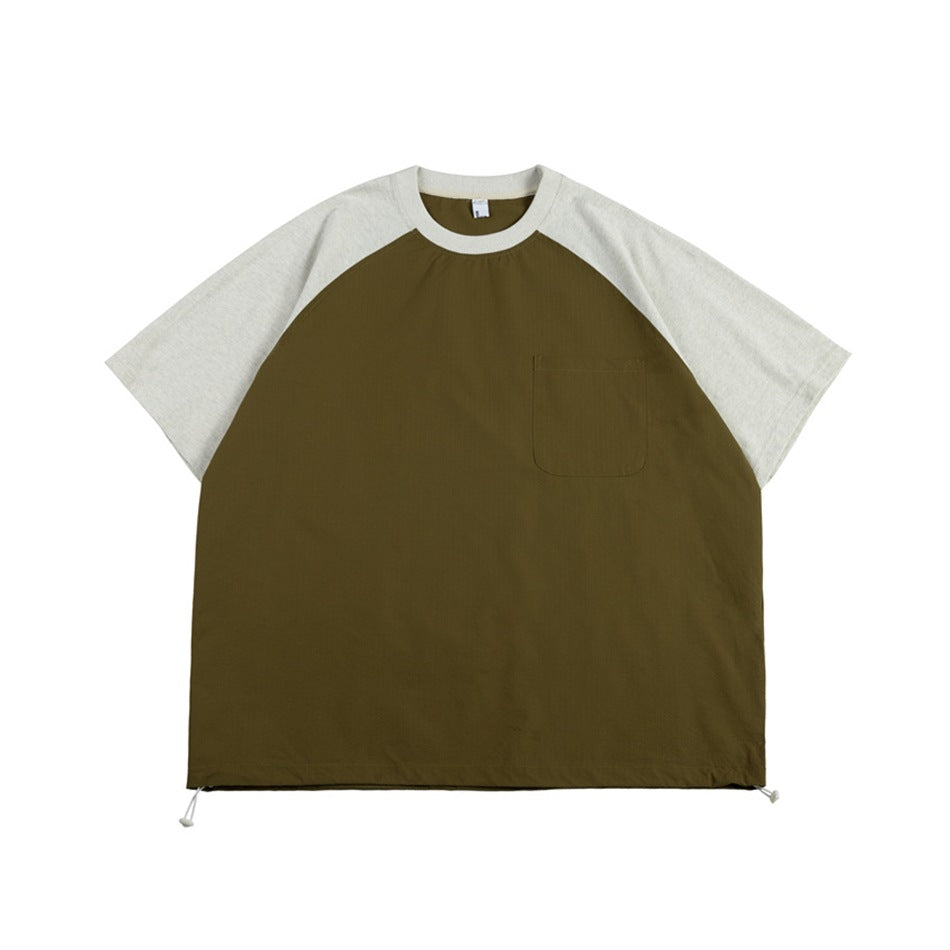 Olive green raglan T-shirt with light gray sleeves, chest pocket and drawcord hem, front view