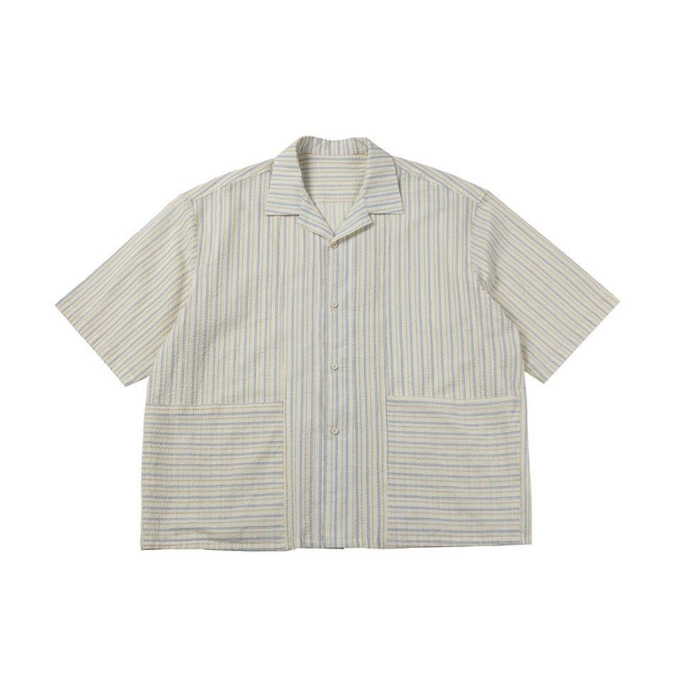 Beige striped short-sleeve camp collar shirt with two large patch pockets, flat lay front view