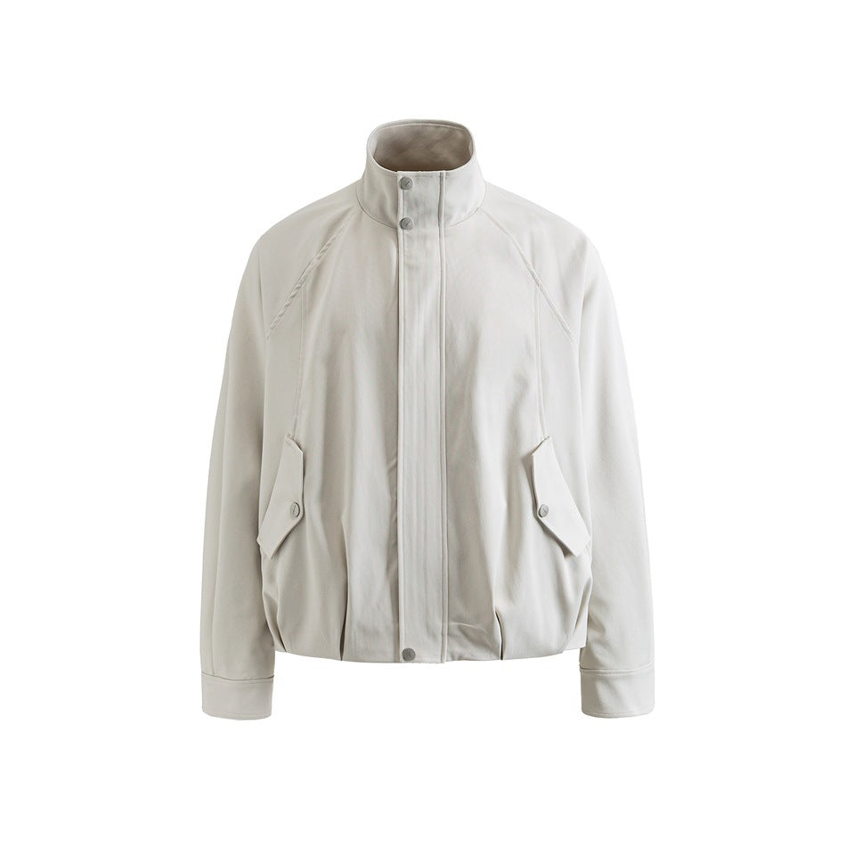 Beige stand-collar Harrington-style jacket, front view, with snap placket, flap pockets and gathered hem