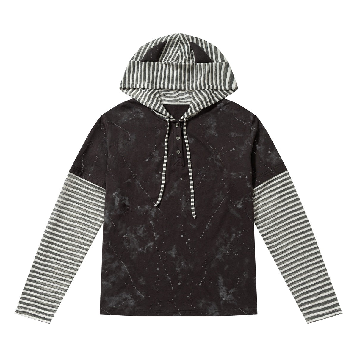 Black mottled hooded long-sleeve top with gray and white striped hood, drawstrings and sleeves, flat front view