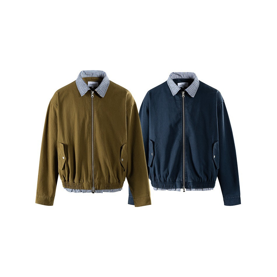 Front views of olive-brown and navy zip-front jackets with striped collars and gathered hems.