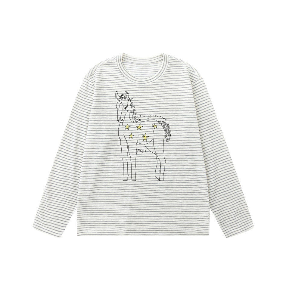 Gray and white striped long-sleeve crewneck top with a black line-drawn horse and yellow stars on the front