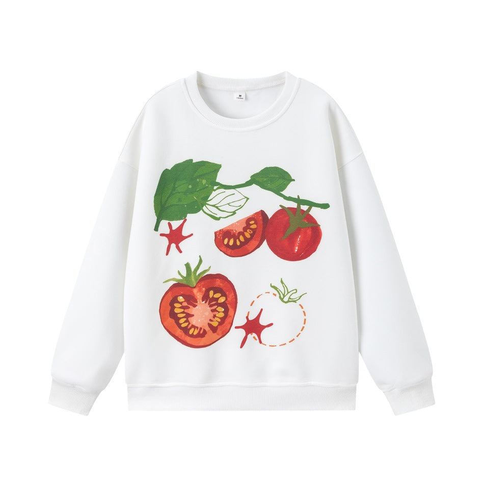 White crew neck sweatshirt with a red tomato and green leaf print on the front, flat lay