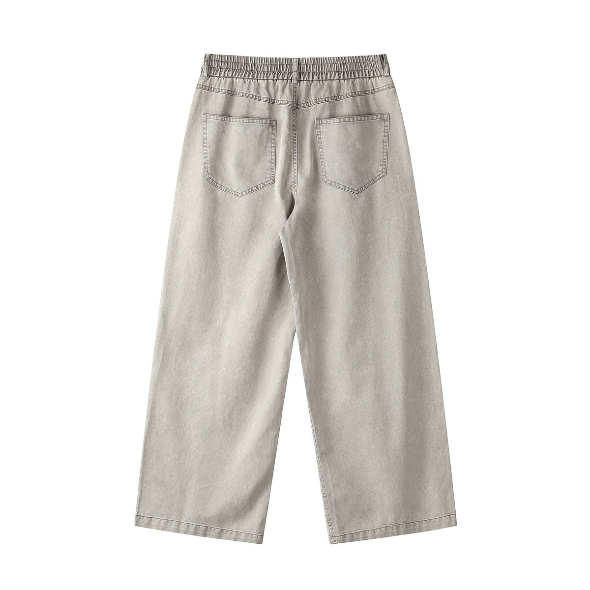 Back view of light-gray wide-leg jeans with an elastic waistband and two rear pockets.