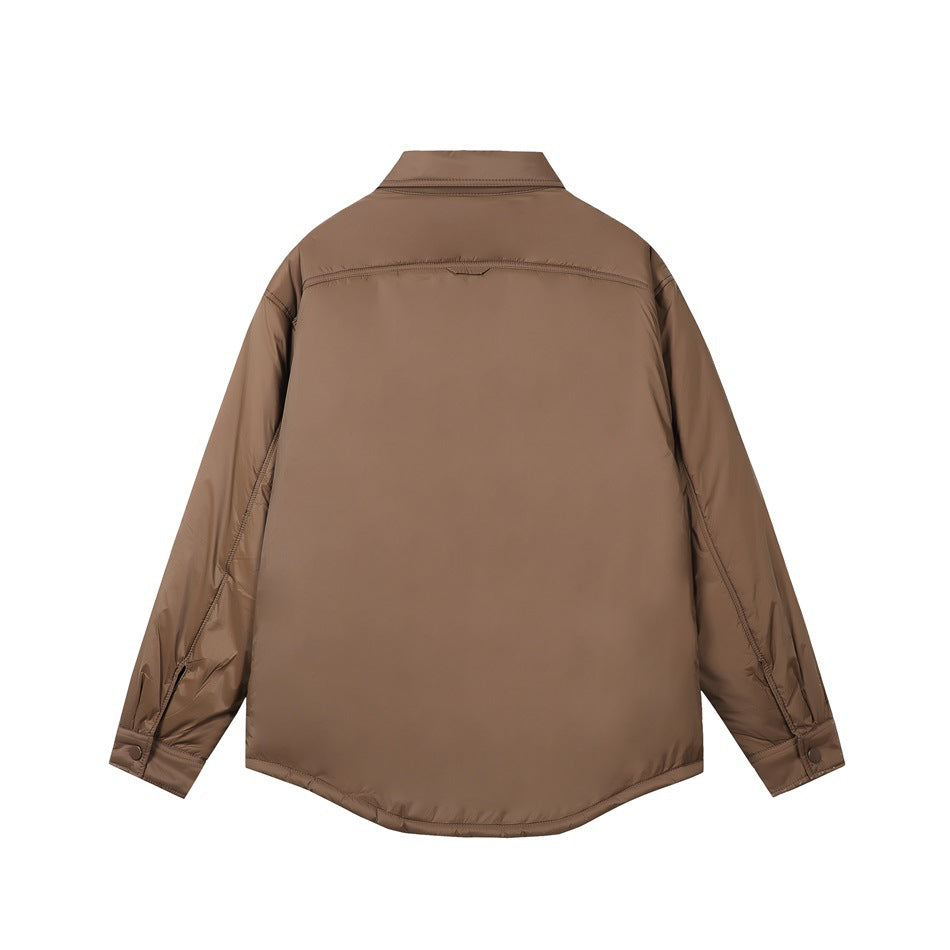 Back view of a brown shirt-style jacket with a curved hem, long sleeves, and snap cuffs.