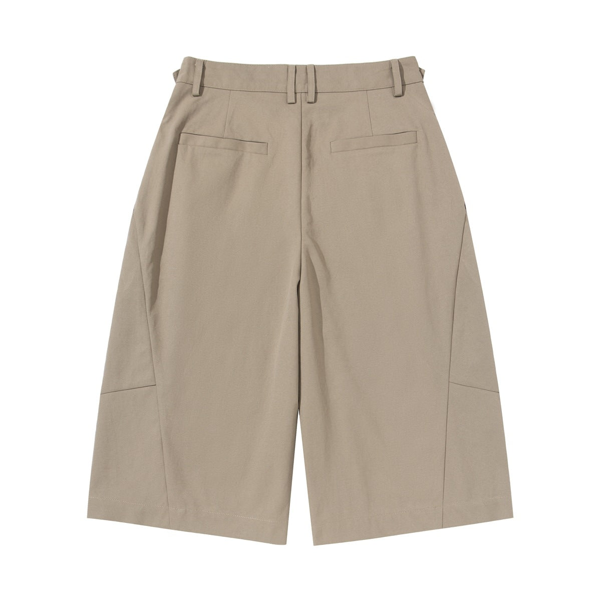 Back view of taupe wide-leg cropped trousers with belt loops and two welt pockets.