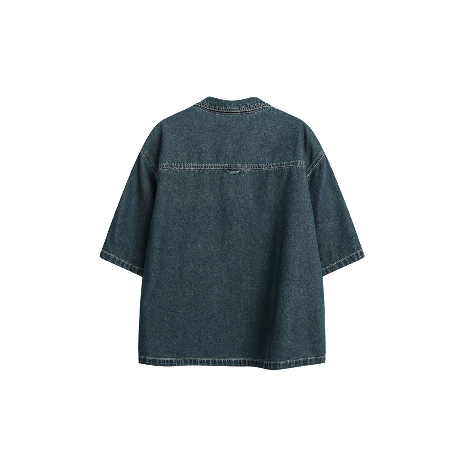 Back view of a dark blue short-sleeve denim shirt, shown flat against a white background.