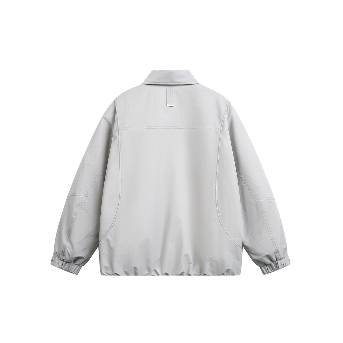Gray jacket, back flat lay, with collar tab, curved panel seams, elastic cuffs and gathered hem
