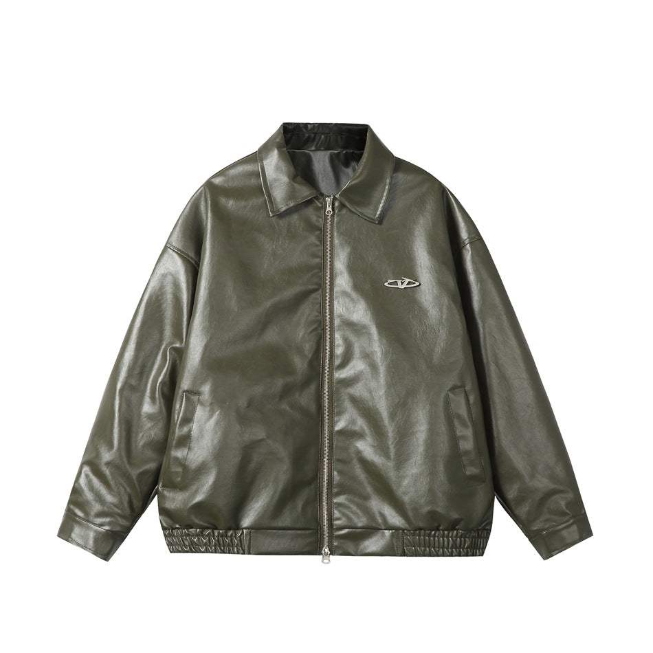 Dark green glossy leather-look jacket with collar, front zip, side pockets and elastic hem, flat view