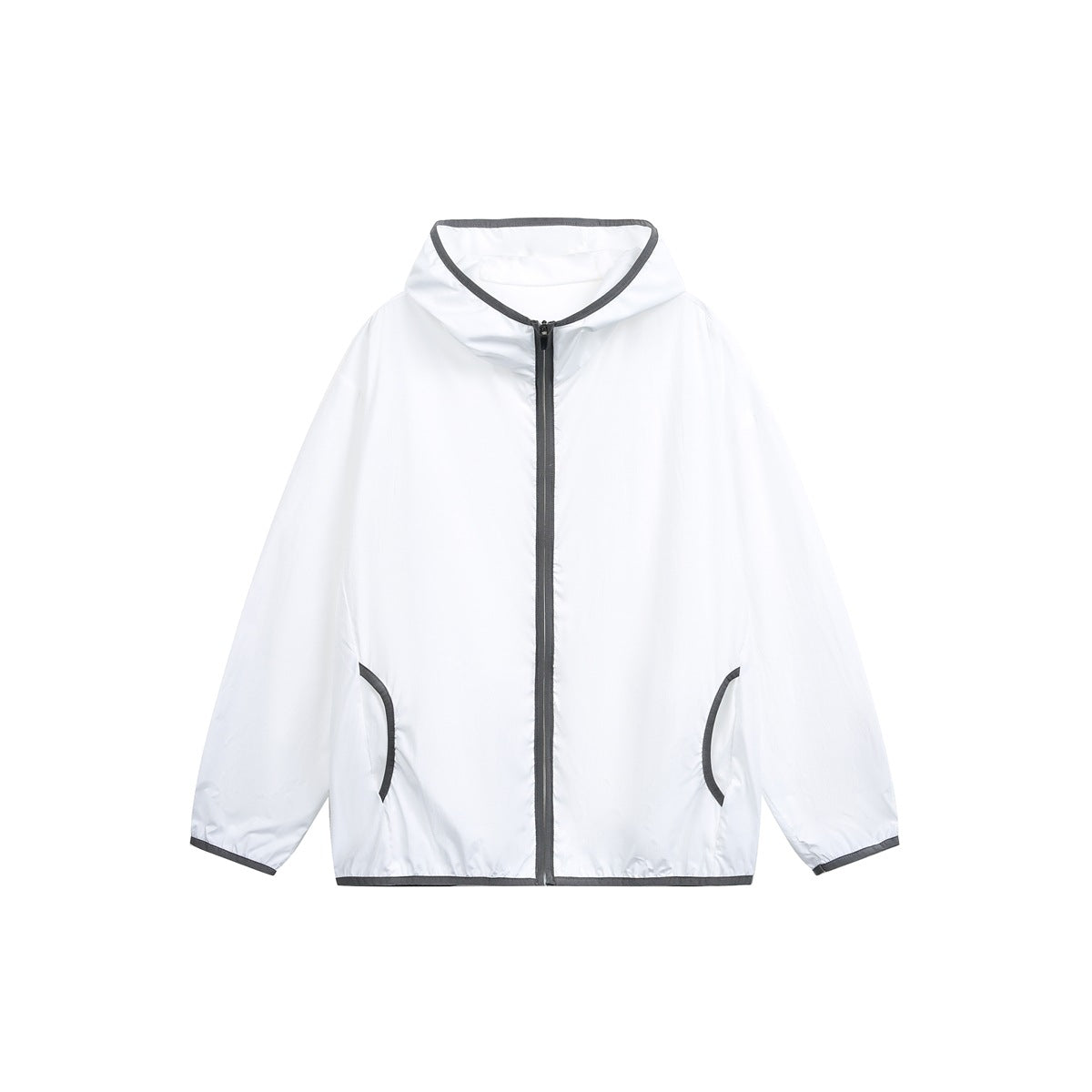 White hooded zip-up lightweight jacket with dark gray trim on hood, zipper, pockets, cuffs and hem, front view