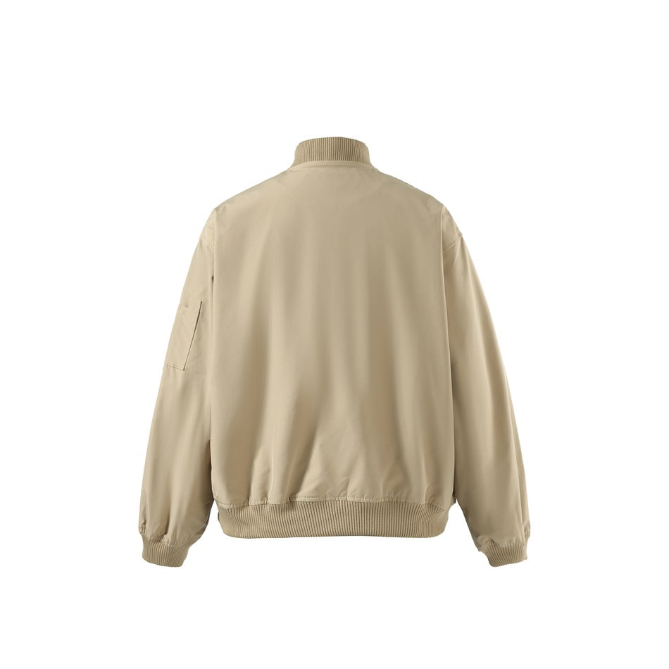 Back view of khaki bomber-style jacket with ribbed collar, cuffs and hem and a sleeve pocket
