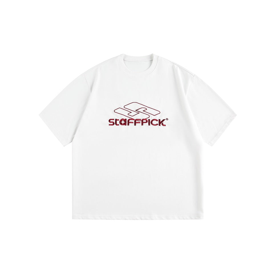 White short-sleeve crew-neck T-shirt with red embroidered outline logo graphic on the chest, flat lay