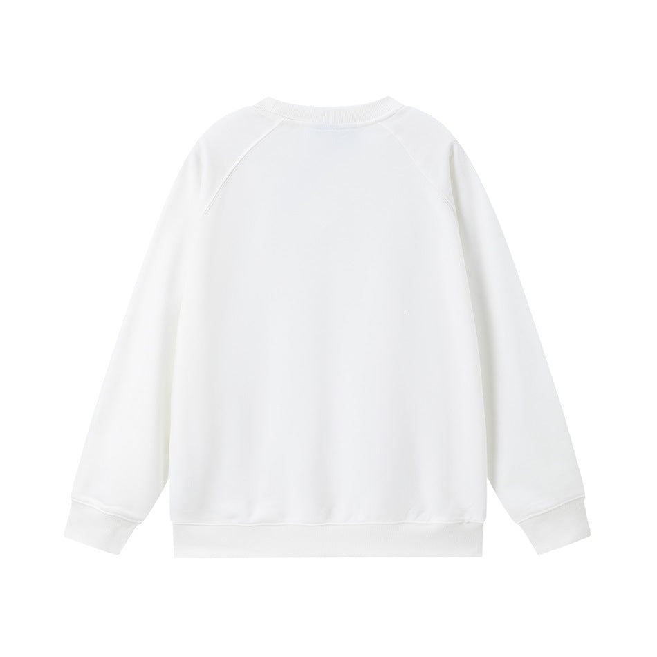Back view of a plain white crew-neck sweatshirt with raglan sleeves and ribbed cuffs and hem