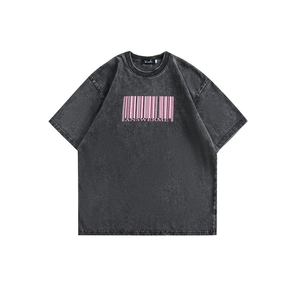 Washed charcoal-black short-sleeve T-shirt with pink barcode and ANSWERME print on the chest, flat front view