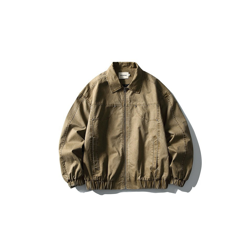 Khaki washed zip-front jacket with collar, curved chest seams and elastic cuffs and hem, flat view