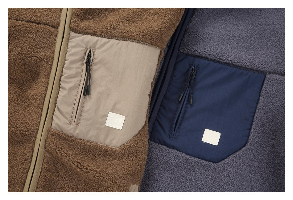Close-up of brown and navy jacket colorways, showing contrasting zip pockets and chest panels.