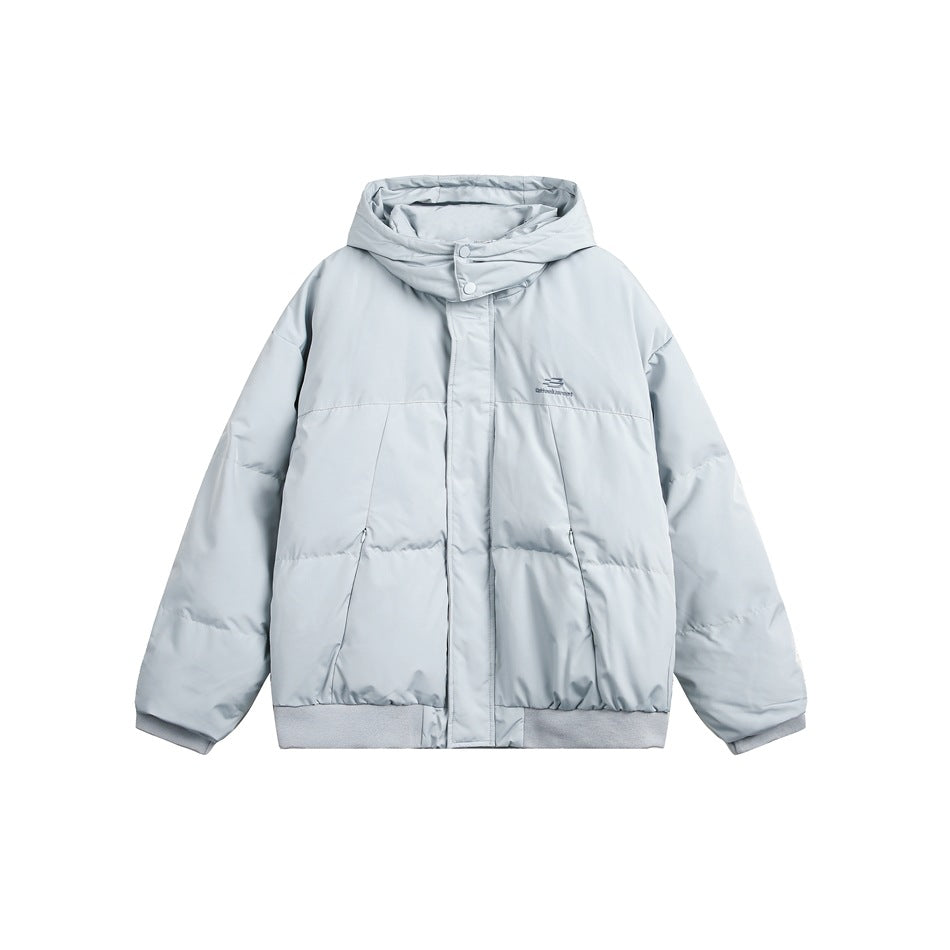 Light blue hooded quilted puffer jacket, front flat view, with snap collar tab, ribbed cuffs and hem, and chest logo