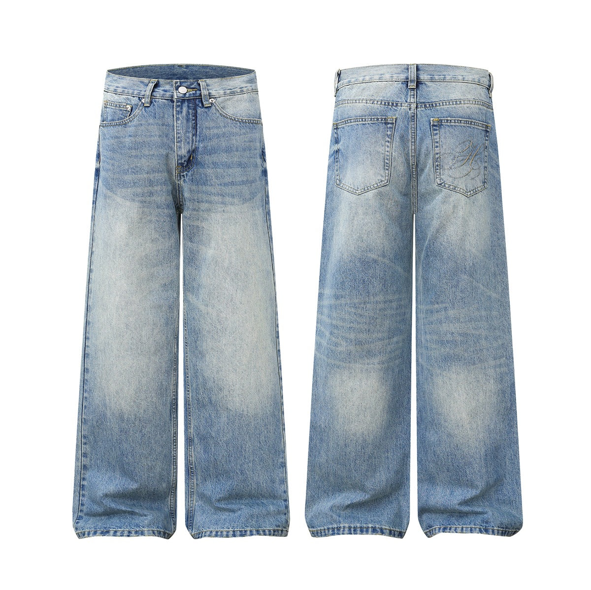 Light-wash blue wide-leg jeans shown from the front and back, with five-pocket styling and a stitched back-pocket detail.