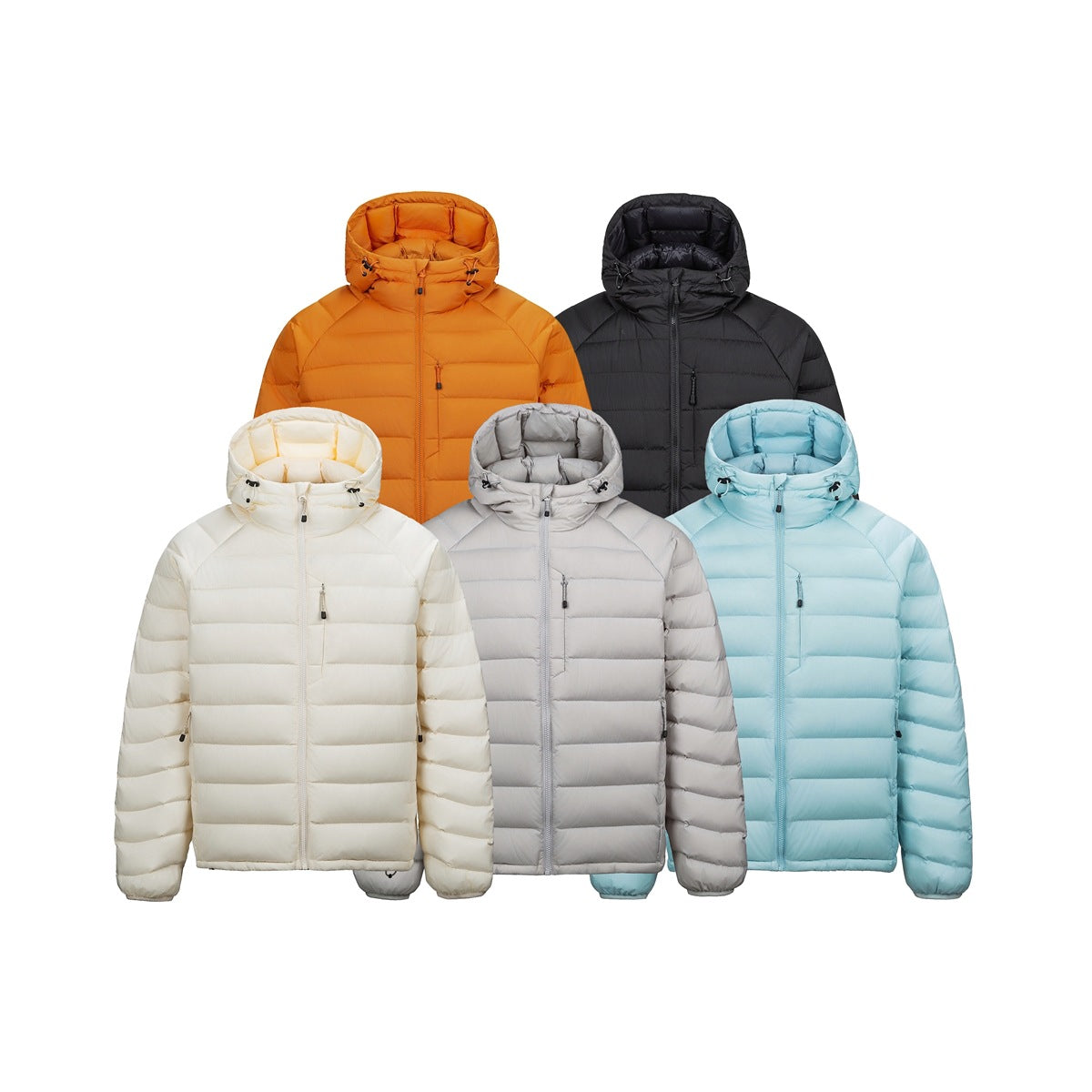 Five hooded quilted puffer jackets shown from the front in orange, black, cream, gray, and light blue.