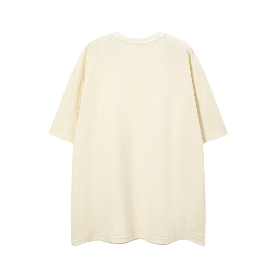 Back view of plain apricot short-sleeve crew neck T-shirt with drop shoulders