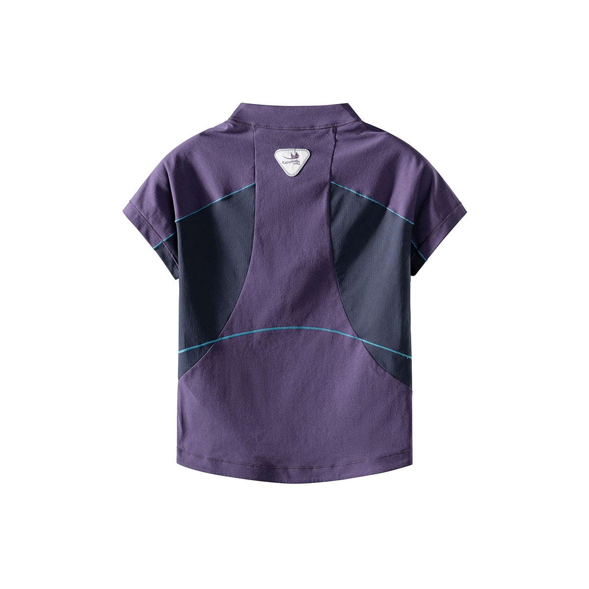 Back view of a short-sleeve high-collar top in purple with navy panels and teal piping.