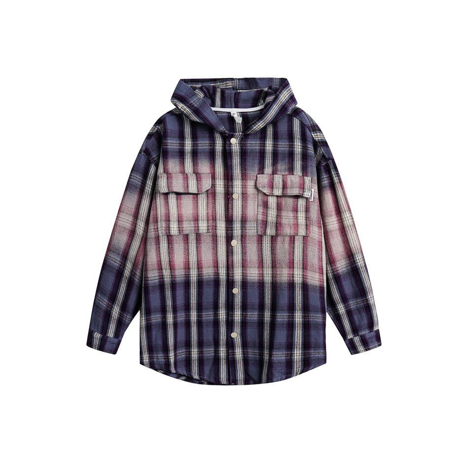 Purple and blue plaid hooded shirt jacket with faded gradient, snap front and two flap chest pockets