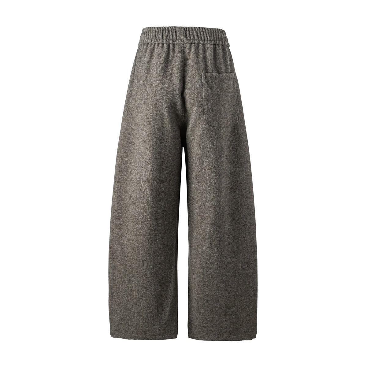 Back view of taupe wide-leg pants with an elastic waistband and a patch pocket.